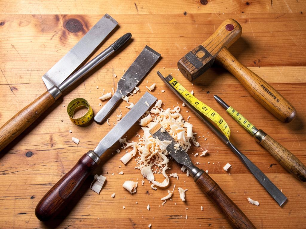 Carpenter's tools laid out on a wooden workbench