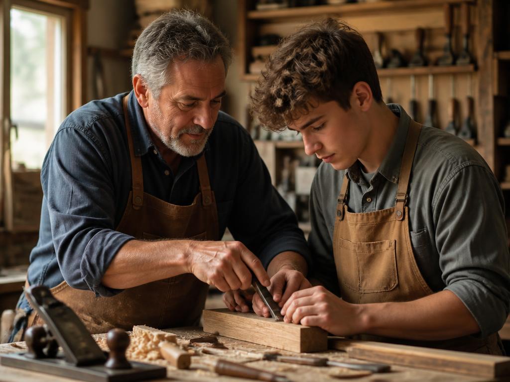 Experienced craftsman teaching a young apprentice in a workshop