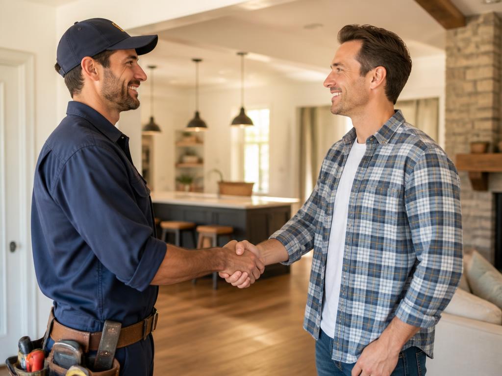 Craftsman shaking hands with a homeowner, representing trust and integrity