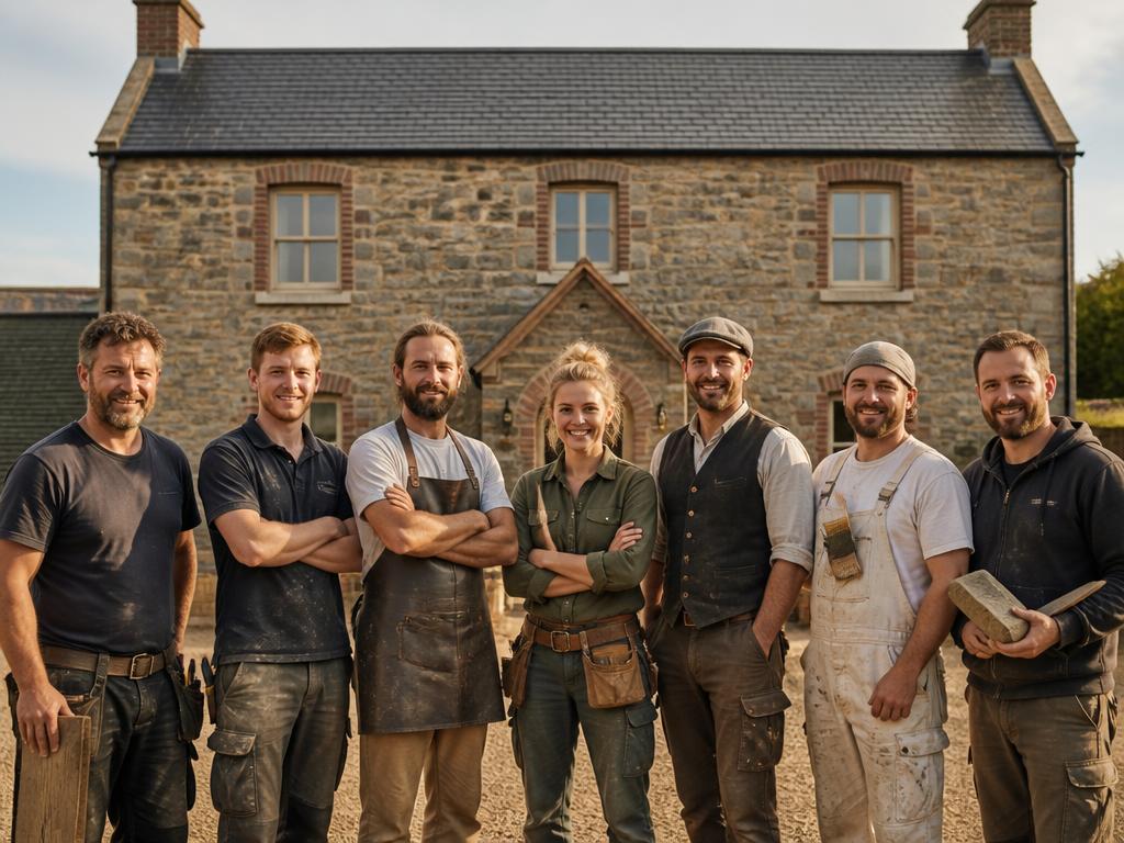 Group of craftsmen from different trades standing together in front of a completed building